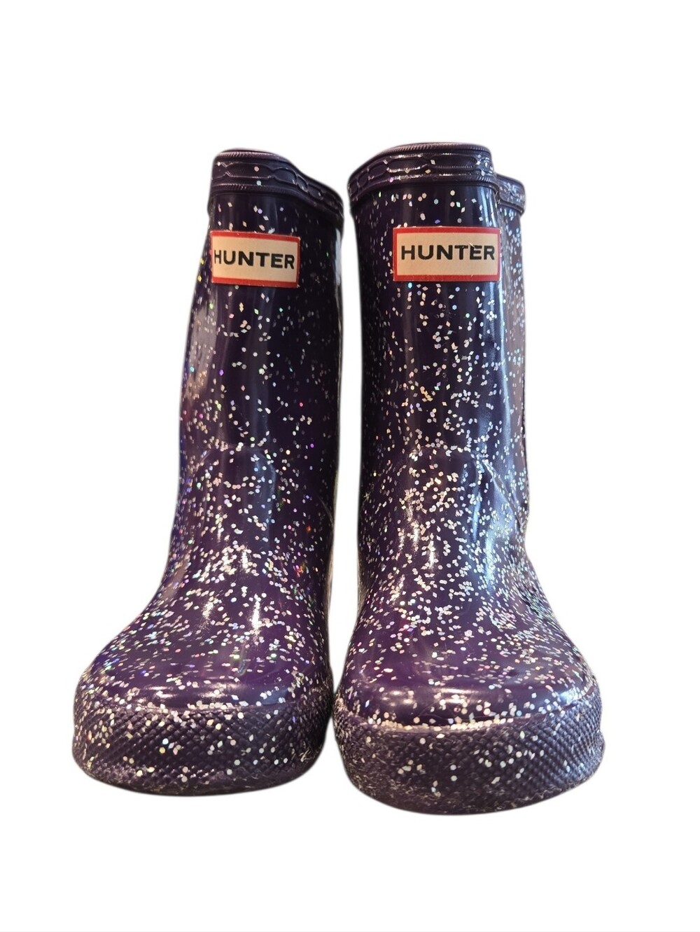 HUNTER KID'S ORIGINAL GIANT GLITTER WATERPROOF RAINBOOTS IN PURPLE.SIZE 8 GIRL'S